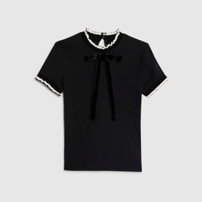 Black Ribbed Short Sleeve Bow Neck Fitted Top