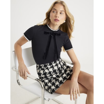 Black Ribbed Short Sleeve Bow Neck Fitted Top