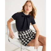 Black Ribbed Short Sleeve Bow Neck Fitted Top