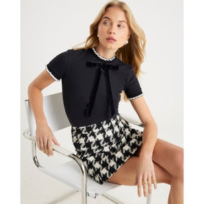 Black Ribbed Short Sleeve Bow Neck Fitted Top