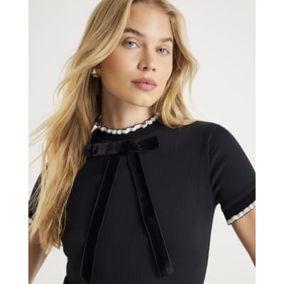 Black Ribbed Short Sleeve Bow Neck Fitted Top