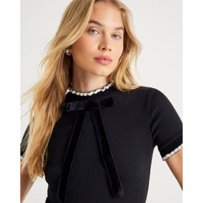 Black Ribbed Short Sleeve Bow Neck Fitted Top