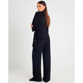 Black Ribbed Wide Leg Trousers