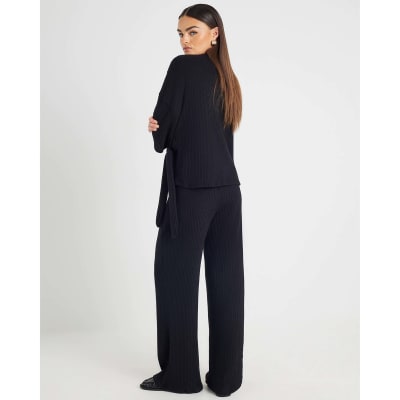 Black Ribbed Wide Leg Trousers