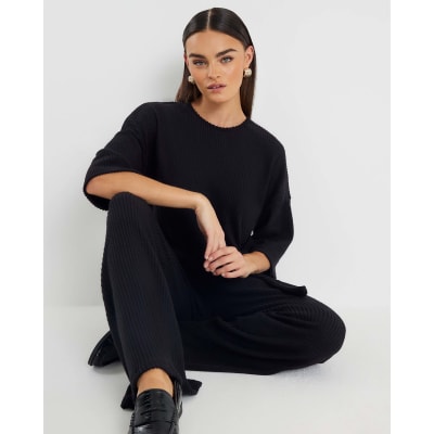 Black Ribbed Wide Leg Trousers