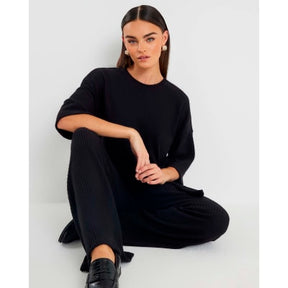 Black Ribbed Wide Leg Trousers
