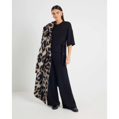 Black Ribbed Wide Leg Trousers