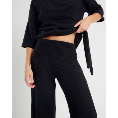 Black Ribbed Wide Leg Trousers