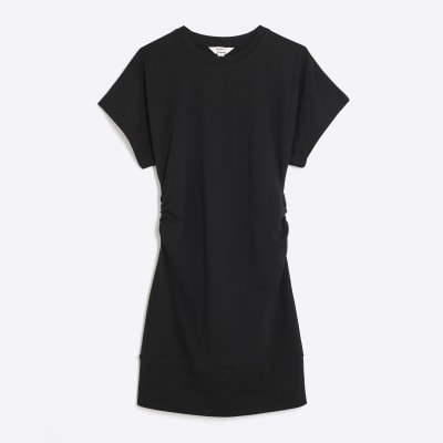 Black Ruched Short Kimono Sleeve Mini Dress