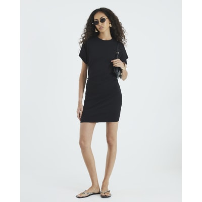 Black Ruched Short Kimono Sleeve Mini Dress