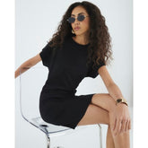 Black Ruched Short Kimono Sleeve Mini Dress