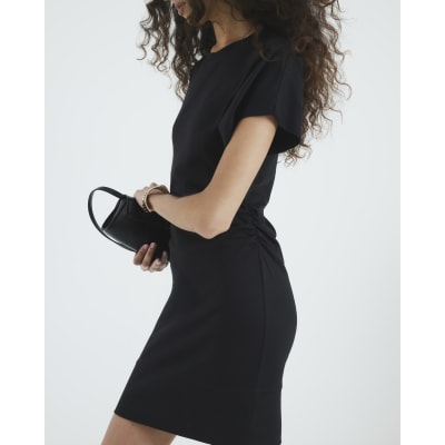Black Ruched Short Kimono Sleeve Mini Dress