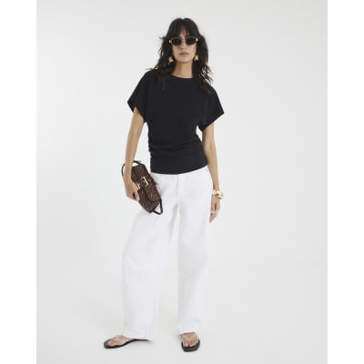 Black Ruched Side Kimono Sleeve T-shirt