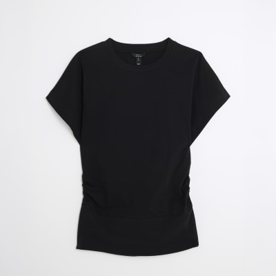 Black Ruched Side Kimono Sleeve T-shirt