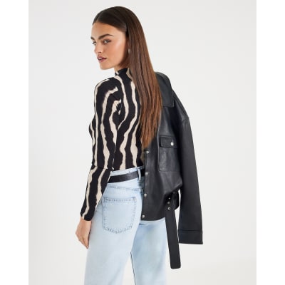 Black Ruched Wavy Print Mesh Top