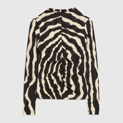 Black Ruched Wavy Print Mesh Top