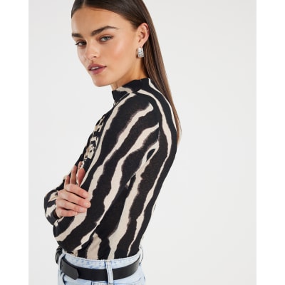 Black Ruched Wavy Print Mesh Top