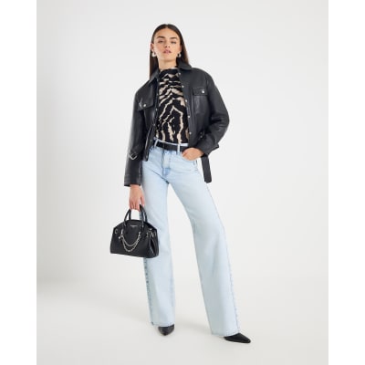 Black Ruched Wavy Print Mesh Top