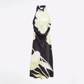 Black Satin Floral Cowl Neck Slip Maxi Dress