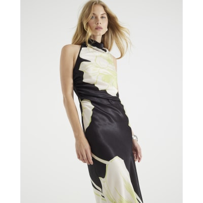 Black Satin Floral Cowl Neck Slip Maxi Dress