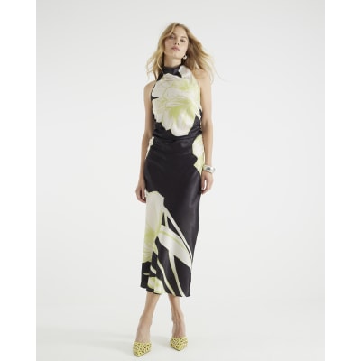 Black Satin Floral Cowl Neck Slip Maxi Dress
