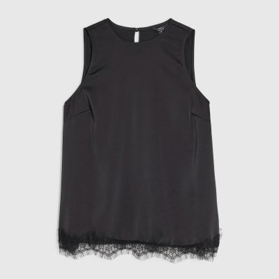 Black Satin Lace Trim Sleeveless Top