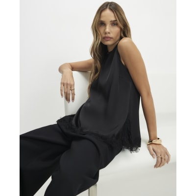 Black Satin Lace Trim Sleeveless Top