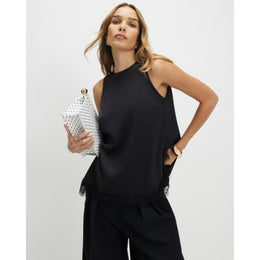 Black Satin Lace Trim Sleeveless Top