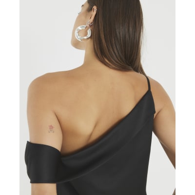 Black Satin One Shoulder Top