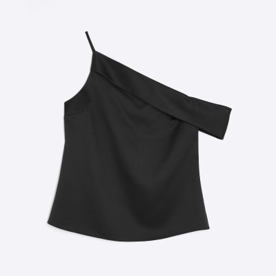 Black Satin One Shoulder Top
