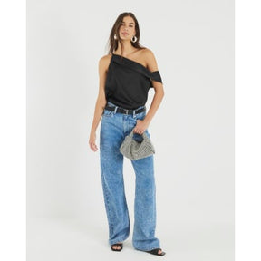 Black Satin One Shoulder Top