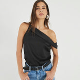 Black Satin One Shoulder Top