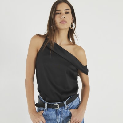 Black Satin One Shoulder Top