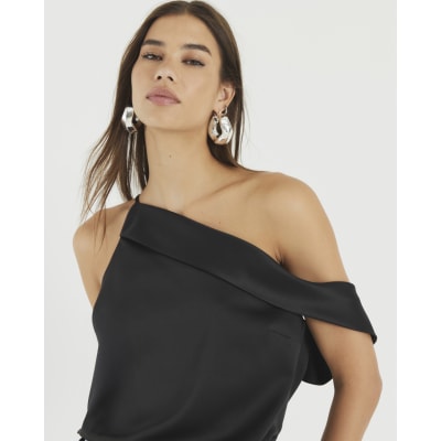 Black Satin One Shoulder Top