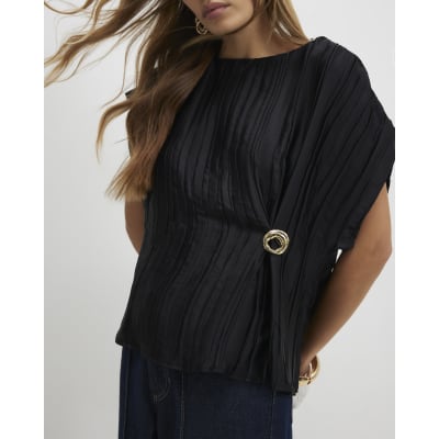 Black Satin Plisse Gold Detail Top