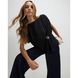Black Satin Plisse Gold Detail Top