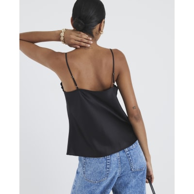 Black Satin Scallop Trim Cami Top