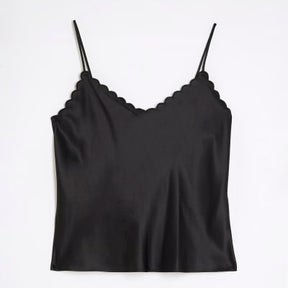 Black Satin Scallop Trim Cami Top