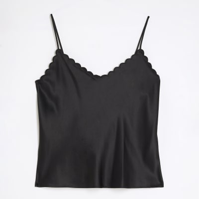 Black Satin Scallop Trim Cami Top