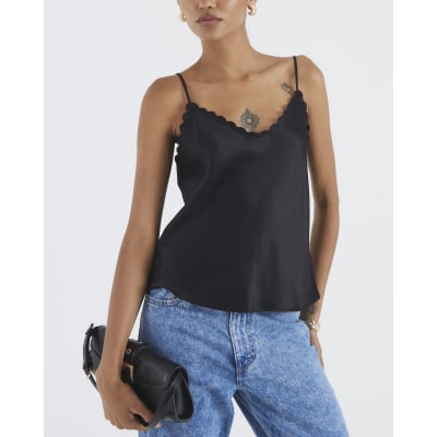 Black Satin Scallop Trim Cami Top