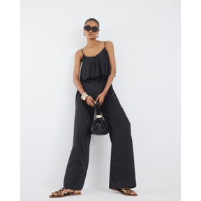 Black Satin Sleeveless Frill Jumpsuit