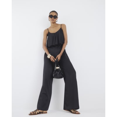 Black Satin Sleeveless Frill Jumpsuit