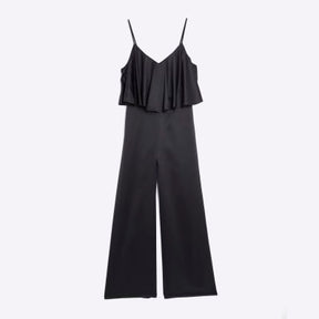 Black Satin Sleeveless Frill Jumpsuit