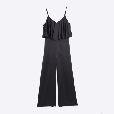 Black Satin Sleeveless Frill Jumpsuit