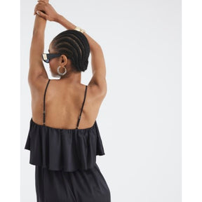 Black Satin Sleeveless Frill Jumpsuit