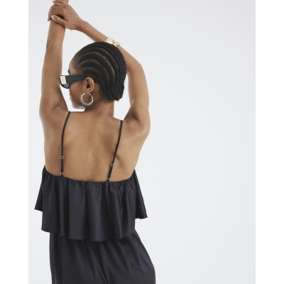 Black Satin Sleeveless Frill Jumpsuit
