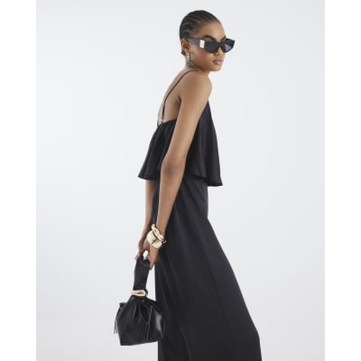 Black Satin Sleeveless Frill Jumpsuit