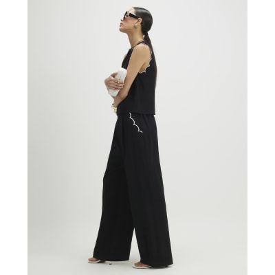 Black Scallop Trim Wide Leg Trousers