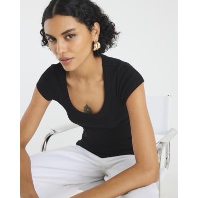 Black Scoop Neck Cap Sleeve T-shirt