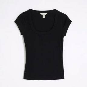 Black Scoop Neck Cap Sleeve T-shirt